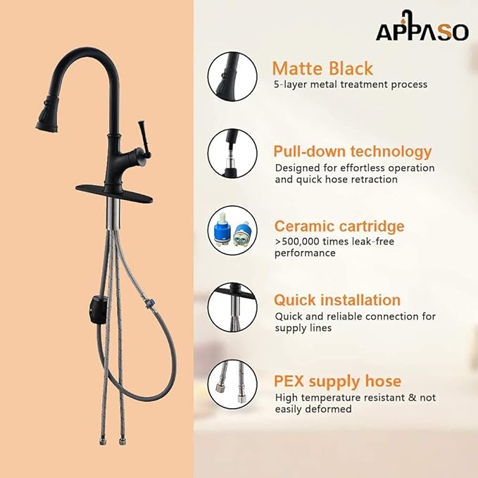 APPASO Black Kitchen Faucet with Pull Down Sprayer Head - Single Handle High Arc Single Hole Pull Out Kitchen Sink Faucets with Deck Plate, Matte Black