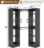 Corner Closet System with 12 Shelves, 39.2" Corner Closet Organizer System with 2 Hanging Rods, Versatile 6-Tier Walk-in Closets for Corner Space, Black (39.2" L x 39.2" W x 80" H)