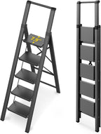 WOA WOA 5 Step Ladder for 10 Feet High Ceiling, Lightweight Foldable Ladder with Non-Slip Wide Pedals, Step Stool with Safe Handrail, Space Saving for Home, Kitchen, Indoor & Outdoor 300lbs - Black