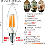LiteHistory Dimmable B10 led Bulb 6W Equal 60W led Candelabra Bulb 2700k Clear e12 Edison Bulb for Chandelier Light Bulbs and Ceiling Fan Light Bulbs AC120V 600lm b11 led Bulb Torpedo 6Pack