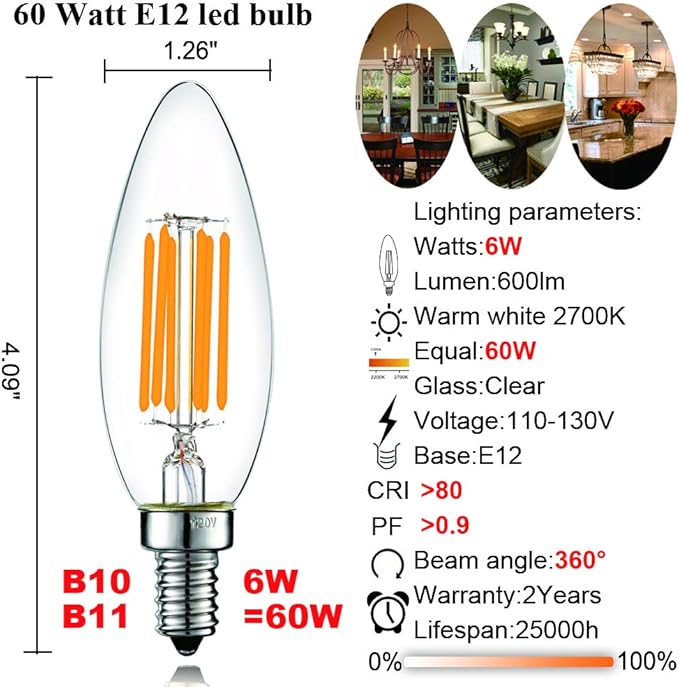 LiteHistory Dimmable B10 led Bulb 6W Equal 60W led Candelabra Bulb 2700k Clear e12 Edison Bulb for Chandelier Light Bulbs and Ceiling Fan Light Bulbs AC120V 600lm b11 led Bulb Torpedo 6Pack