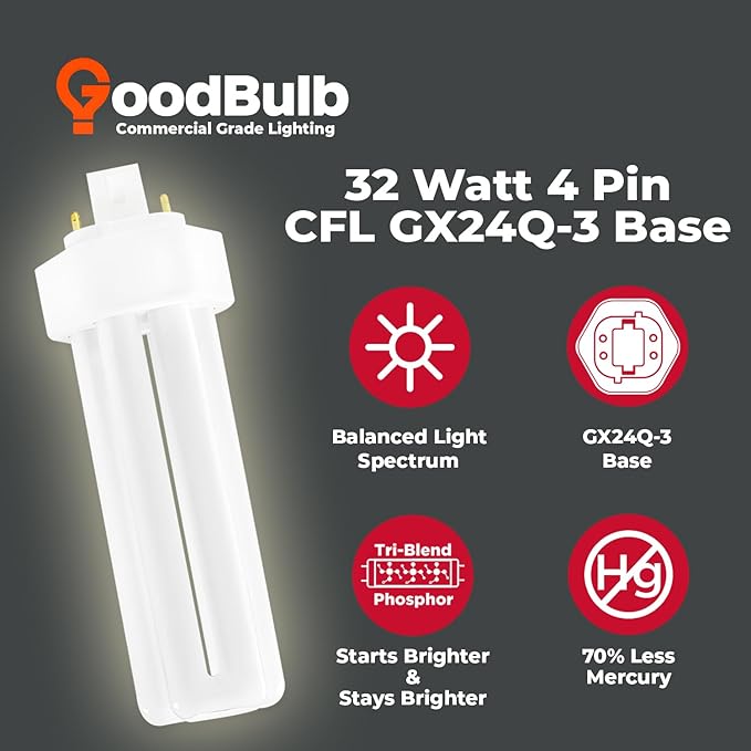 GoodBulb 32 Watt CFL Light Bulbs 4 Pin GX24Q-3 Base 3500K Neutral White 32W High Output 2400 Lumens Triple Tube Compact Fluorescent Light Bulbs Plug-in 10 Pack