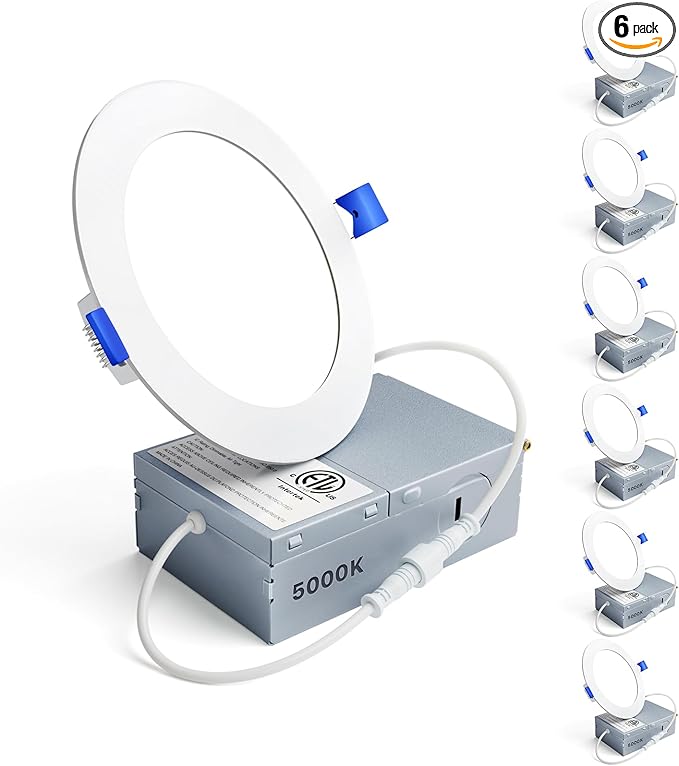 Ensenior 6 Pack 4 Inch LED Recessed Light, Dimmable, 5000K Daylight, 750LM High Brightness, 9W 120V, Damp Rated, Ultra-Thin Canless Wafer Ceiling Light - ETL & FCC & IC