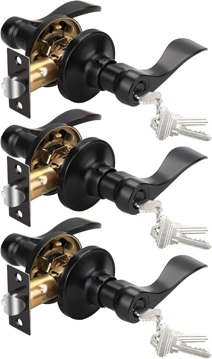 Knobonly 3 Pack Keyed Bathroom/Bedroom Door Lock, Matte Black Front Door Handle, Exterior Door Handle, Different Key for Each Pack, Zinc Alloy