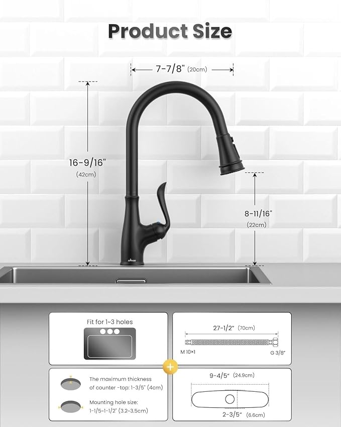 APPASO Matte Black Kitchen Faucet with Pull Down Sprayer, High Arc Single Handle with 3 Modes Spray Head, Neoperl Aerator, cUPC-Certified Pull-Out Hose, Water Supply Tubing & Valve
