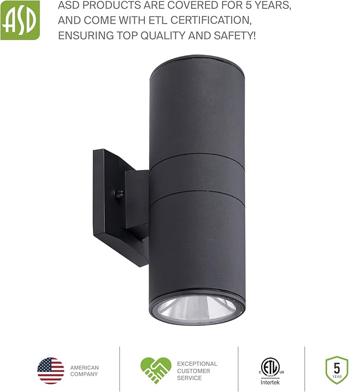 ASD 2 Light Dusk to Dawn Outdoor Wall Light Fixture | 120W E26 Bulb Socket 120V ETL Cylinder Up Down Lights | LED/CFL/Incandescent Bulb Exterior Wall Sconce | Front Door, Porch, Patio | Black, 6 Pack