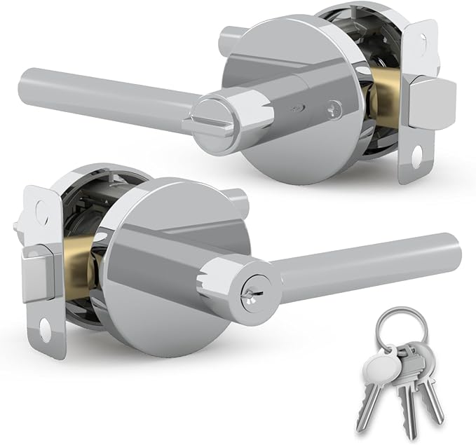 Mega Handles - Ronn Entrance I Entry Lever Door Handle - Heavy Duty Round Locking Lever Set for Left or Right-Handed Doors - Interior/Exterior Door Levers - Polished Chrome