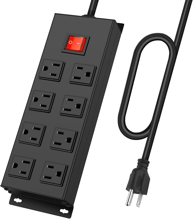 HHSOET Metal Magnetic Power Strip, 8 Outlet Mountable Socket, Wall Mount Heavy Duty Surge Protector, Catering for Your Every Need, Gaming Table Outlet with 10 FT Power Cord.(Black)