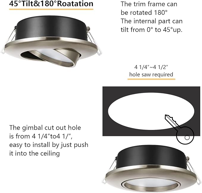 Brushed Nickel Recessed Lighting 4 Inch 6 Pack, Ajustable Eyeball Gimbal canless recessed Light with Junction Box,9W 750LM,Dimmable,5CCT Selectable
