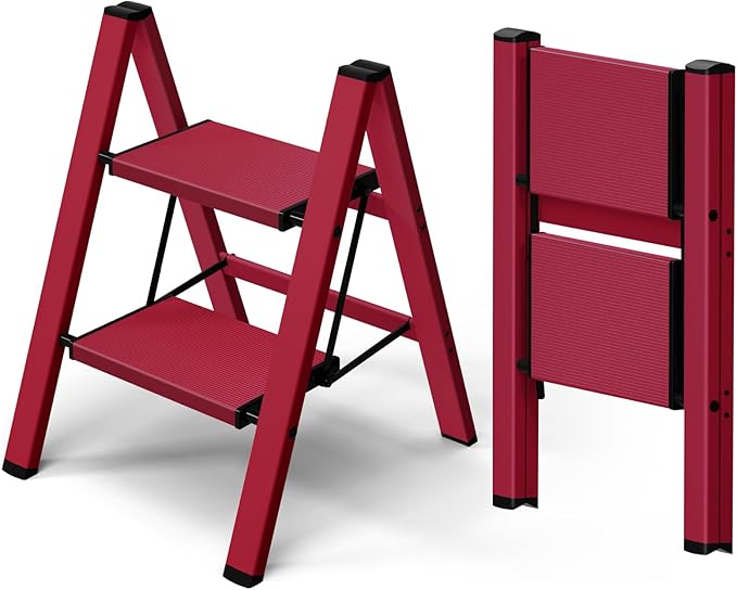 Taranta 2 Step Ladder,Aluminum Lightweight Folding 2 Step Stool with Anti-Slip Wide Pedal,330lbs Capacity Step Ladder for Household,Kitchen,Office - Red