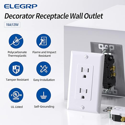 ELEGRP Decorator Wall Receptacle Outlet, Tamper Resistant 15 Amp Standard Electrical Wall Outlet, Residential Grade, Self-grounding, 125V, Wall Plate Included, UL Listed, Glossy White, 50 Pack