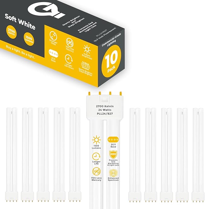 GoodBulb PLL24/827 | 24W 12.7" Twin Tube Compact Fluorescent Light Bulb | 4-pin 2G11 Base 2700K Soft White 1500 Lumen | 36000 Hour Long Life Biax | Pack of 10
