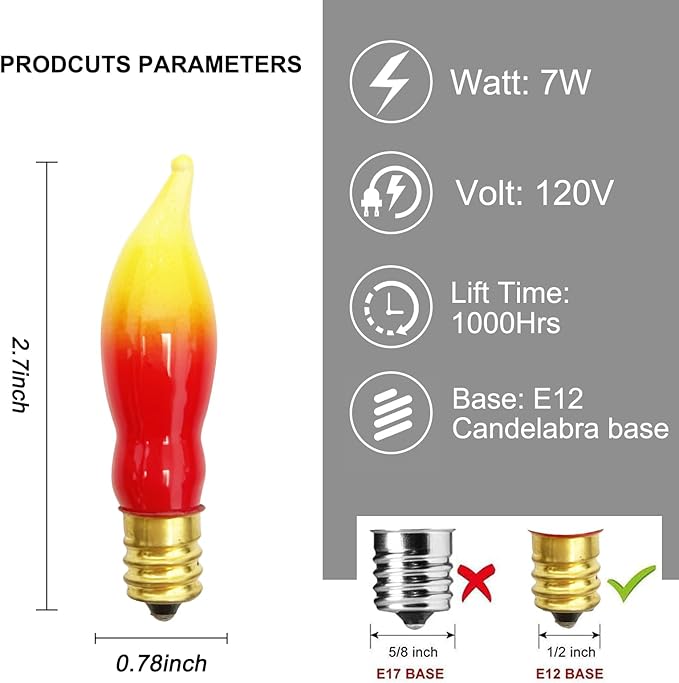 Abeja 12 Pack Flame Lights Bulb, Red &Yellow Flame Shaped Bulb for Candle Lamps, Outdoor C18 String Light, C7/E12 Candelabra Base Night Light Bulbs, 7 Watt, 120 Volt- Red/Yellow