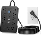 15 FT Flat Plug Surge Protector Power Strip,11 Multiple AC Outlets with 6 USB Ports (2 USB C), 15 Feet Extension Cord, 1250W/10A, One Touch Switch Button, 17 in 1 Compact powerstrip