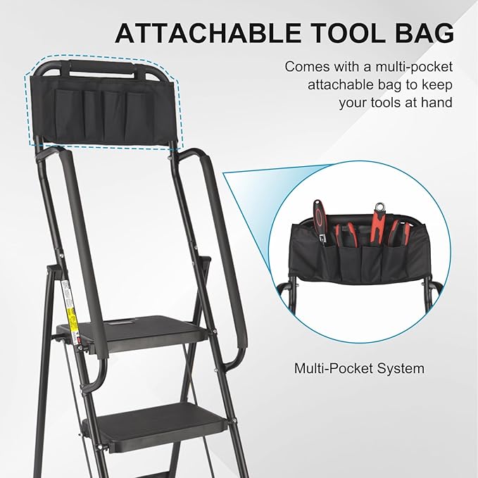 Valeo 3 Step Ladder with Handrails,500 Lbs Capacity,Folding Step Stool Ladder with Attachable Tool Bag,Lightweight & Storage Step Ladder 3 Step Folding,Multi-use for Home,Kitchen,Office,Black