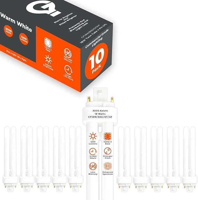 GoodBulb 18 Watt CFL Light Bulbs | 4 Pin G24Q-2 Base 3000K Warm White | 18W High Output 1200 Lumens | Double Tube Compact Fluorescent Light Bulbs Plug-in | 10 Pack
