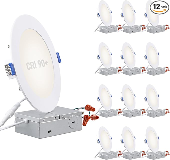 TORCHSTAR Basic Series 12-Pack 6 Inch Ultra-Thin LED Recessed Lighting with Junction Box, CRI90, Aluminum, 4000K Cool White, 5%-100% Dimmable Slim Recessed Downlight, 12W 1100LM, ETL and Energy Star