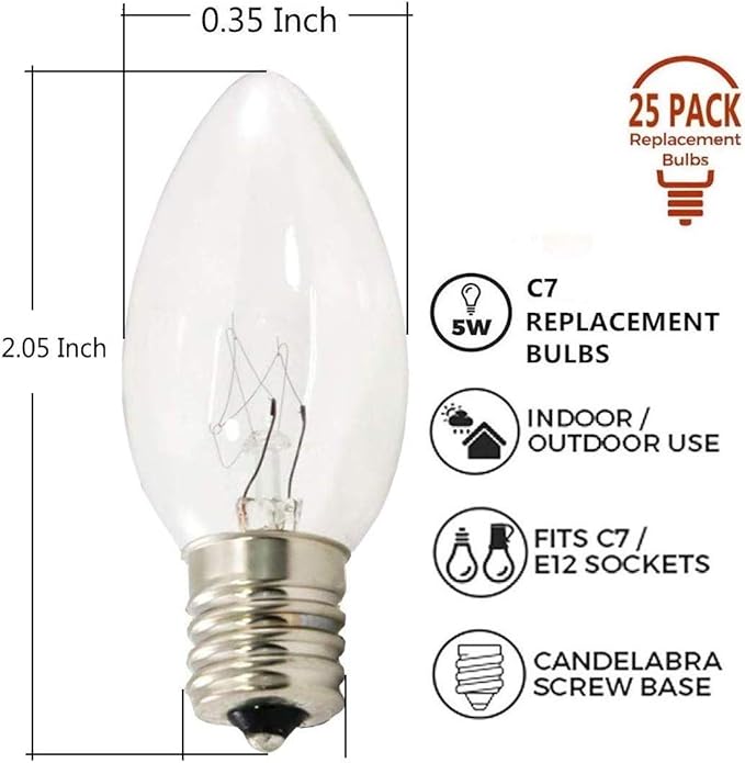 SUNSGNE 25 Pack C7 Clear Replacement Bulbs Christmas Light Bulbs, Outdoor Patio String Light Bulbs, C7 Night Light Replacement Bulbs, E12/C7 Candelabra Base, 5 Watt- Clear