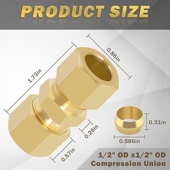 1/2 Inch Compression Fitting,10 Pcs Brass Compression Tube Pipe Fittings, 1/2" OD X 1/2" OD Compression Union Connectors & 10 Pcs Sleeves Ferrules (Pack of 20)