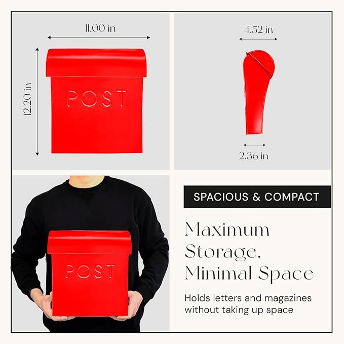 NACH Wall Mount Mailboxes for Outside, 11x4.5x12.5 in Red Mail Boxes for House Outside, Waterproof Mailbox - Vicki-Style Mail Box