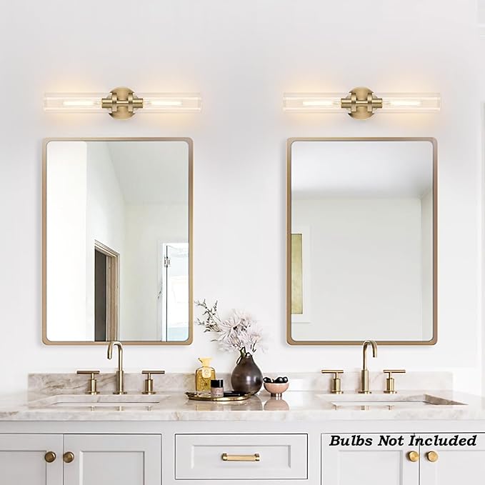Wall Sconces Set of Two, Hardwired Brass Bathroom Sconces Wall Lighting with Clear Glass, Modern Sconces Wall Decor Set of 2 Vanity Light fixtures for Bathroom Mirror Bedroom (Bulbs Not Included)