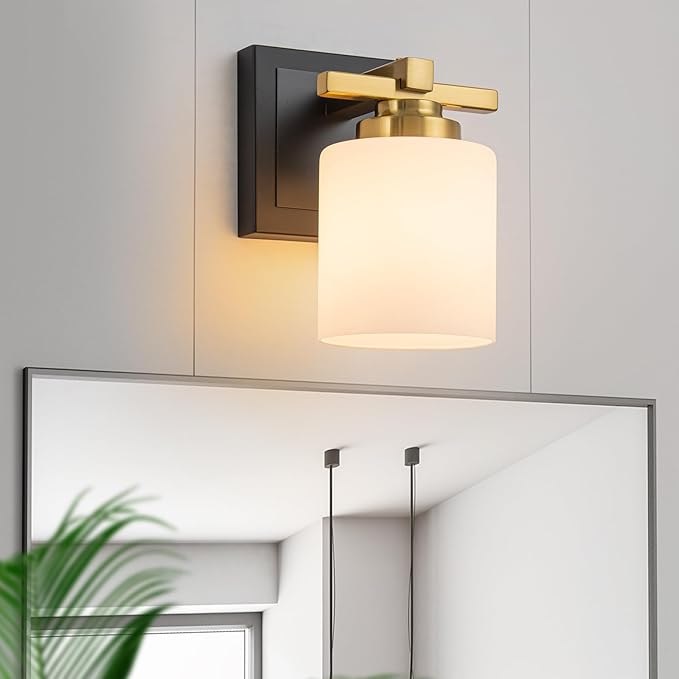 1 Light Modern Bathroom Light Fixtures Over Mirror, Black Gold Vanity Lights for Bathroom Wall Sconces with Milky White Glass Shades, E26 Socket (Bulbs Not Included)