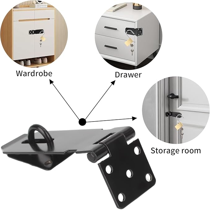HOWDIA 180 Degree Hasp Lock Latch with Lock, 4 Inch Latch Lock with Screws and Padlock, Stainless Steel Pad Lock Latches Locking Latch Security Door Clasp Hasp for Shed/Gate/Storage Lock（Black）