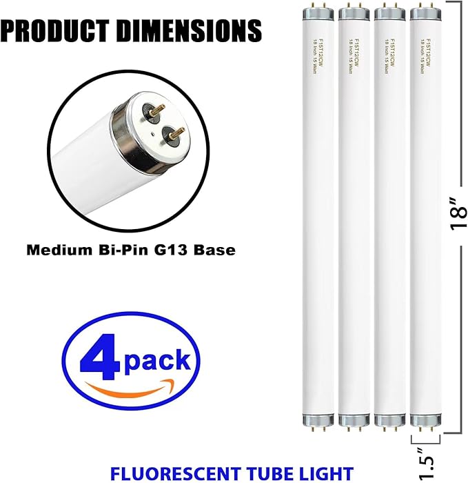 F15T12-CW Cool White 15 Watt Light Bulbs, T12 15 Watt Fluorescent Bulb 18 Inches, Cool White G13 Cap 825 Lumens 4 Pack