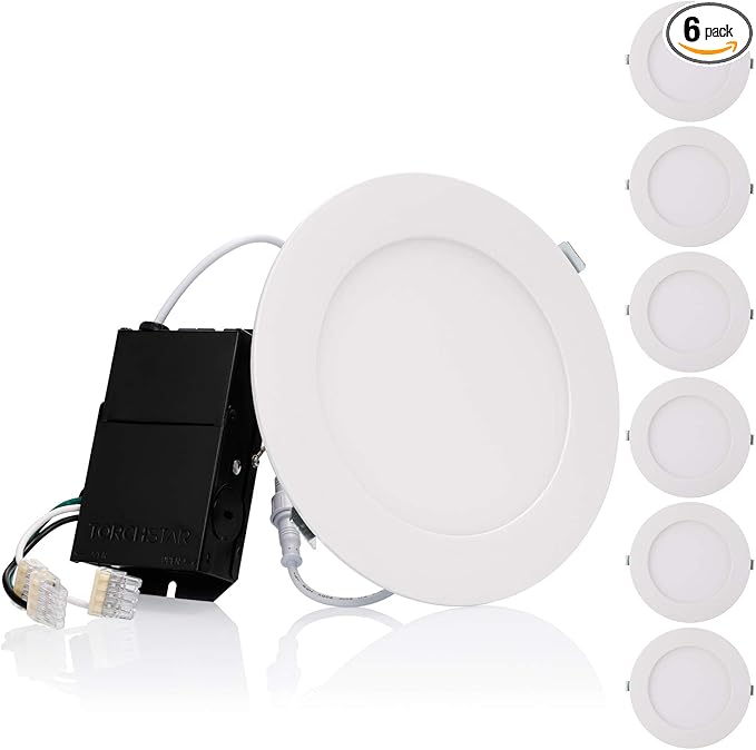 TORCHSTAR Premium Series 6 Inch Ultra-Thin LED Recessed Light with Junction Box, 13.5W Dimmable LED Canless Recessed Ceiling Lights Slim, ETL & ES Listed, CRI90, 3000K Warm White, White, Pack of 6
