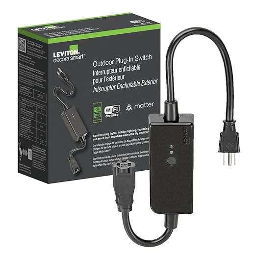 Leviton Decora Smart Wi-Fi Outdoor Plug, Works with Matter, My Leviton, Alexa, Google Assistant, Apple Home/Siri & Wire-Free Anywhere Switch Companion, Weather-Resistant, D215O-1RE, Black