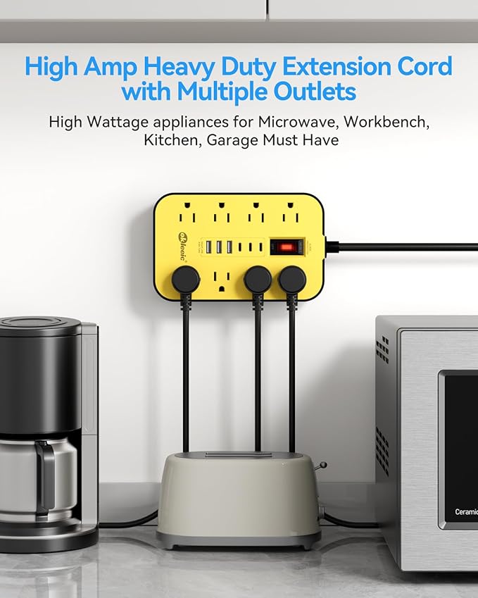 8-Outlets Heavy Duty Power Strip with 6 USB Ports(3 USB-C), Industrial Surge Protector Power Strip 15 Amps/1700 Joules, 6 Ft Multi-Plug Electric Extension Cord Wall Mount for Workshop Garage (Yellow)