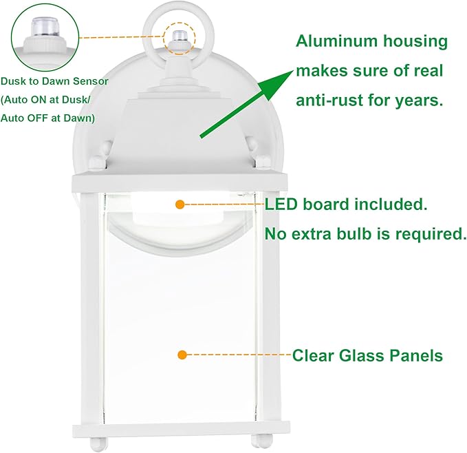 LIT-PaTH Dusk to Dawn Outdoor Wall Lantern, LED Wall Sconce, 5000K Daylight White, 9.5W, 800 Lumen, Aluminum Housing Plus Glass, Outdoor Rated, 2-Pack, White