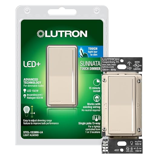 Lutron Sunnata Touch Dimmer Switch, LED+ Advanced Technology for LED and Incandescent, 3 Way/Multi Location, STCL-153M-LA, Light Almond