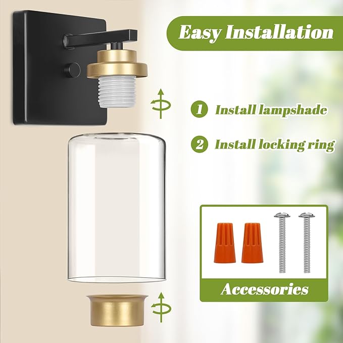 Set of 2 Wall Sconces for Bathroom, Modern Vanity Light Fixtures, Black and Gold Wall Mount Lighting Lanterns, Farmhouse Wall Lights with Clear Glass Shade for Bedroom Living Room Mirror Hallway