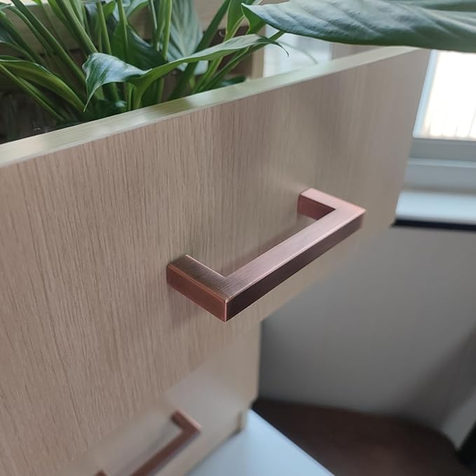 10 Pack Kitchen Cabinet Handles 3 3/4 Inch Hole Center Antique Copper Drawer Pulls Stainless Steel Square Cabinet Pulls Drawer Knobs Cupboard Handles