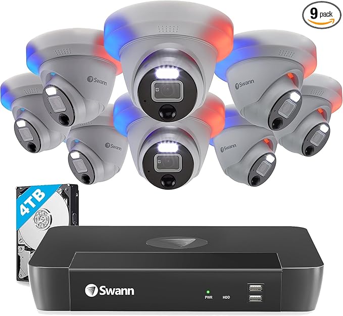 Swann Home Security Cam System with 4TB HDD, 16 Channel 8 Cam, POE Cat5e NVR 12MP HD Video, Indoor Outdoor Wired Surveillance CCTV, Color Night Vision, Heat Motion Detection, Flashing LEDs,1690008DE