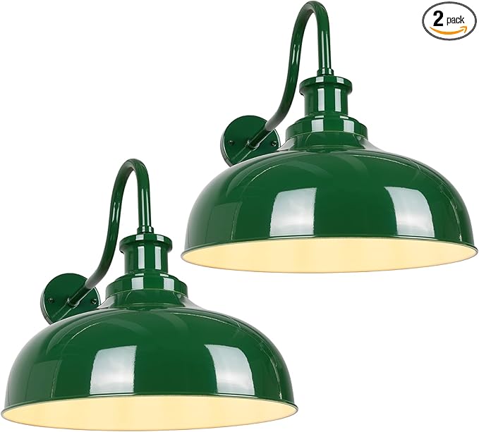Outdoor Gooseneck Barn Lights, 14 Inch Dome Rustic Outdoor Wall Sconces, Farmhouse Exterior Wall Mount Lighting Fixture, Industrial Green Wall Lantern for Porch, Entryway, Garage, RZ007M-2 GR+WH