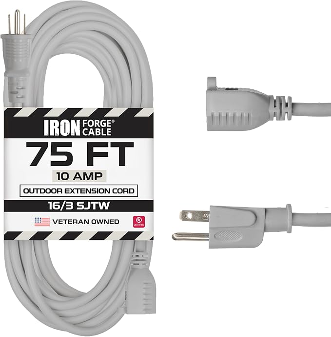 Iron Forge Cable Gray Outdoor Extension Cord 75 ft, 16/3 SJTW 75 Foot Grey 3 Prong Extension Cord Outdoor & Indoor, Weatherproof 10 Amp Heavy Duty Power Cable