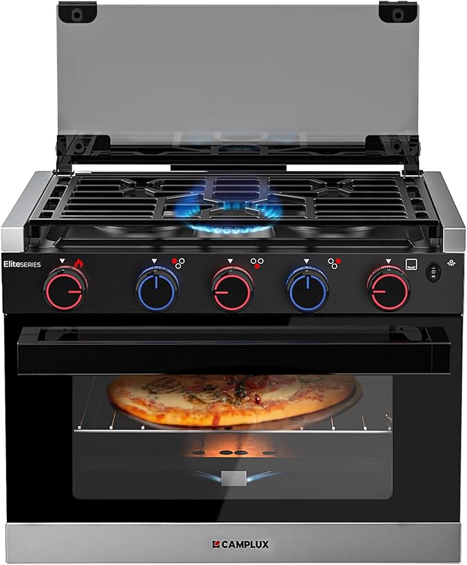CAMPLUX Elite RV Propane Oven Stove Combo 17 Inches, 1.27 Cu.ft. Gas Oven Stove with 3 Burners, Total Output 28,100 BTU/Hr, Gas Ranges for RV, Apartment or Mini Kitchen, Black RGP17MGB