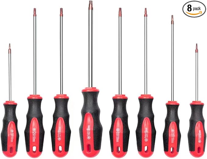 ROTATION 8PCS Magnetic Tip Torx Screwdriver Set, 8 Torx Star Screwdrivers, T8, T10, T15, T20, T25, T27, T30, T40 Red Tip | Red, Gloss, S2 Steel