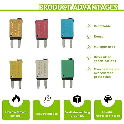 5A 10A 15A 20A 25A 30A DC 12V-32V Manual Reset Circuit Breaker ATM Low Profile T1 Mini Blade Fuses Breakers for Car Trucks Marine Boat RV Solar and More,2 Pack