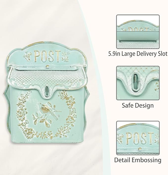 Mailbox Wall Mount Mailboxes for Outside Vintage Mail Boxes for House Outside Metal Drop Box Antique Style Nostalgic Charm Home Decorative, Bird Pattern, Green