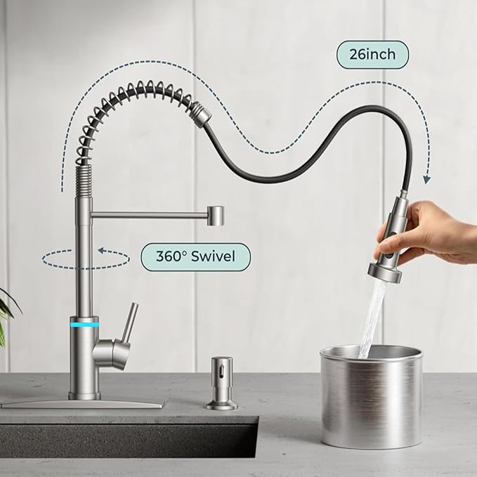 Smart Kitchen Faucet, 3 Modes Pull Down Sprayer, Touch On Sensor Activated, LED Temperature Control, 360-Degree Rotation, 1 or 3 Hole Deck Plate. 10-Year Warranty. (KW-66SN, Brushed Nickel)