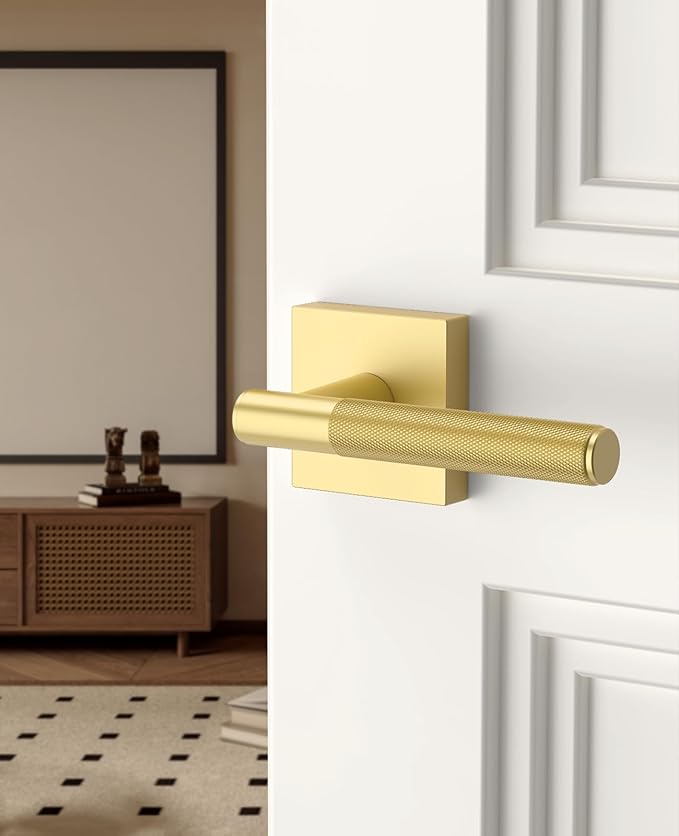 Asidrama 1 Pack Passage Gold Door Handles, Door Lever with Door Knobs Indoor for Bedroom or Bathroom, Heavy Duty Brushed Gold Door Handles Interior with Locks for Left Right Sided Doors