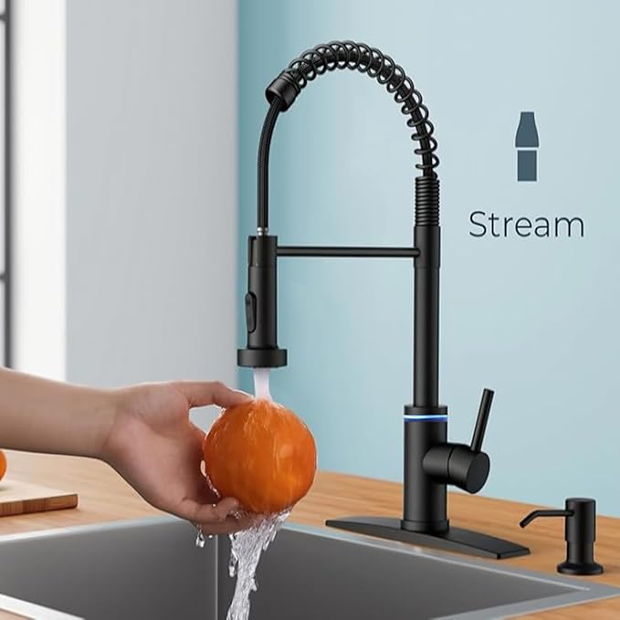Smart Kitchen Faucet, 3 Modes Pull Down Sprayer, LED Temperature Control, Ceramic Valve, 360-Degree Rotation, 1 or 3 Hole Deck Plate. 10-Year Warranty. (KW-56R, Matt Black)