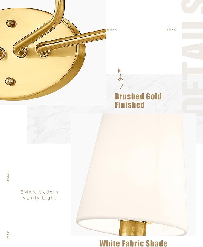 Emak 3-Light Vanity Light, Brushed Gold Bathroom Light fixtures with Flared White Fabric Shade, Modern Bathroom sconces for Mirror, Hallway, Bedroom, VL132-BGD-WF-3