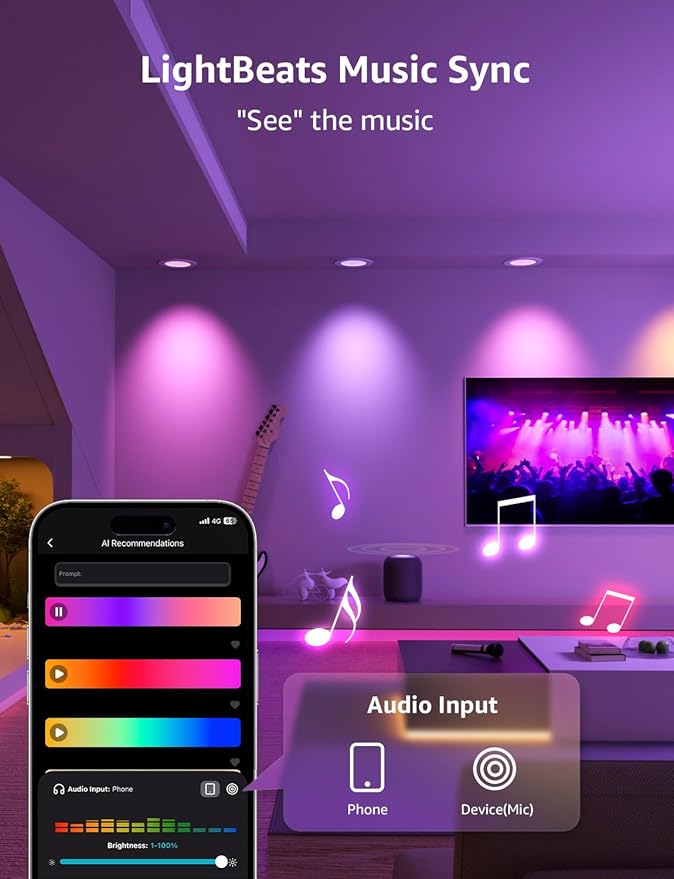 Lepro R2 AI Smart LED Recessed Lighting 6 Inch, RGBCW APP Control Ceiling Lights, Alexa & Google Compatible, 12W 1050LM Slim Canless Downlight, Personalized AI Lighting Designer, 2.4GHz WiFi, 4-Pack