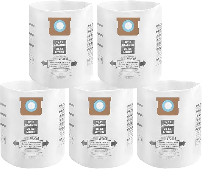for Shop Vac Bags 10-14 Gallon, Type F 90662 9066200 9066233; Type I 90672 9067200 9067233; VF2005, High Efficiency Disposable Fine Dust Collection Vacuum Filter Bags (5 Pack)