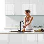 Touch on Kitchen Faucet with Soap Dispenser and Pull Down Sprayer - Single Handle Kitchen Sink Faucet, 1 or 3 Hole Design for Modern Farmhouse Kitchens, Rv, and Bar Sinks(Matte Black)