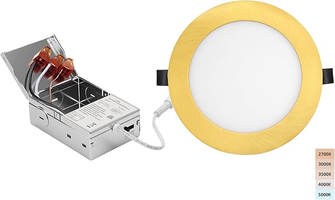 6-inch LED Recessed Lights - Slim Recessed Ceiling Light with Junction Box, 12W 5CCT Canless Lighting Fixture, Dimmable, Easy Install for Bedroom, Kitchen, Living Room, 1 Pack, Shiny Gold